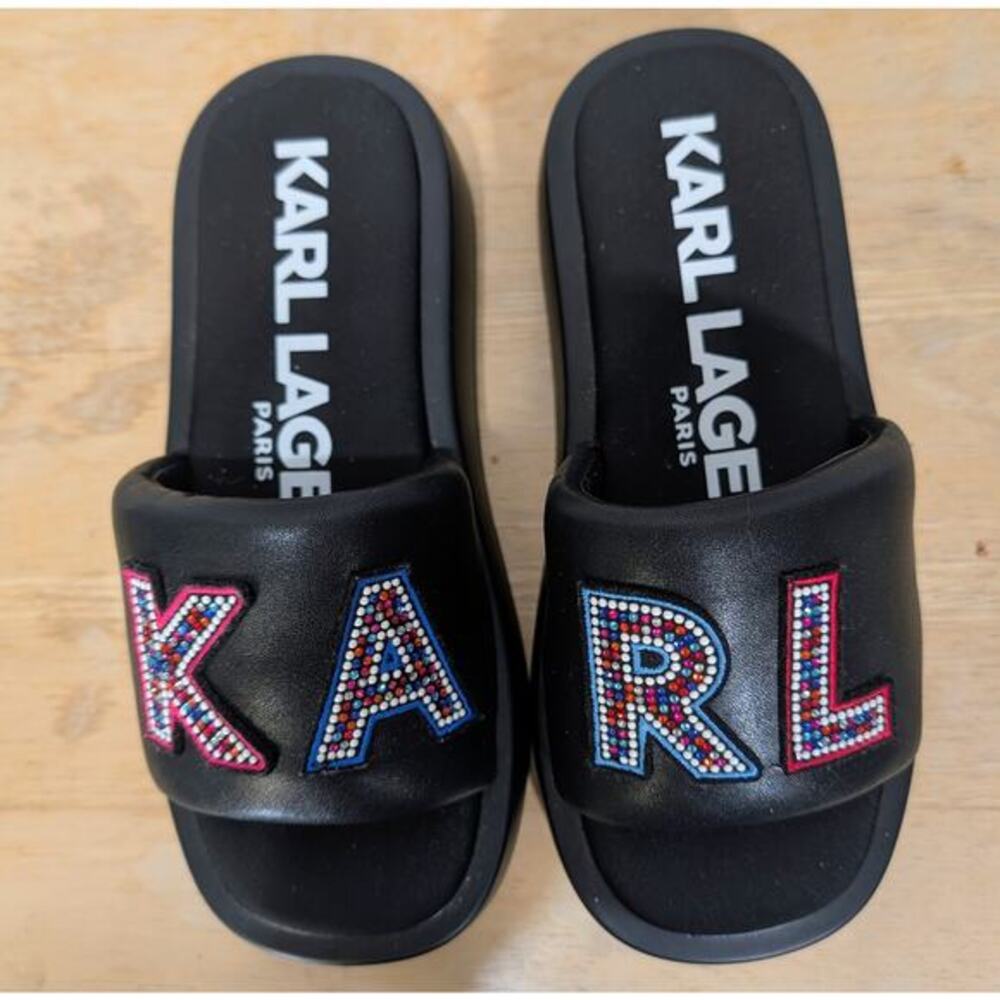 Karl Lagerfeld Rhinestone Logo‎ Black Platform Slides Sandals Women Size 6